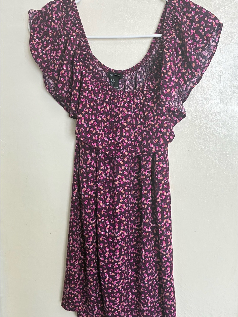 Forever 21 Black Dress with Pink Floral Print and Ruffle Sleeves